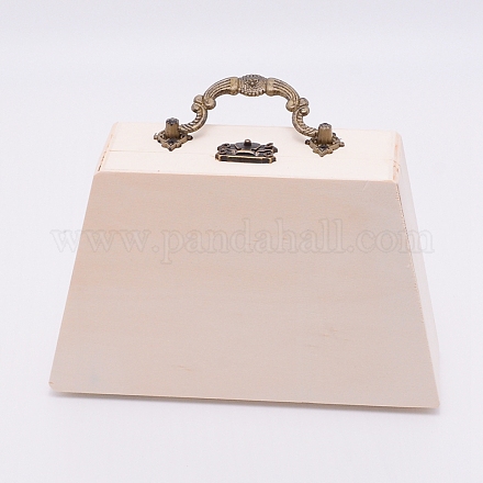 木製の箱  フリップカバー  鉄の留め金とハンドル付き  台形  淡い茶色  5x12.6x17.8cm  インナーサイズ：16.6x10.4センチメートル CON-WH0078-18AB-1