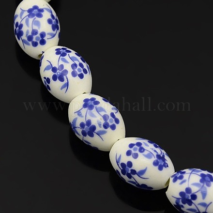 Handmade Flower Printed Porcelain Oval Beads Strands PORC-L005-B-23-1