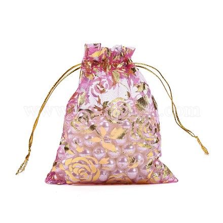 ローズプリントオーガンジーバッグ巾着袋  結婚式の好意バッグ  好意バッグ  ギフトバッグ  長方形  パールピンク  12x10cm X-OP-R021-10x12-07-1