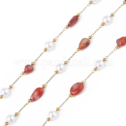Pépite d'agate rouge naturelle & chaîne de perles imitation verre CHS-C006-02A-1