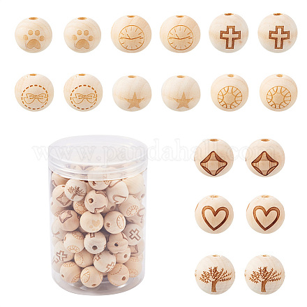 Fashewelry 90pcs 9 patrones cuentas de madera natural theaceae WOOD-FW0001-05-1