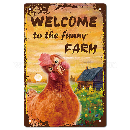 CREATCABIN Welcome to The Funny Farm Sign Chicken Metal Tin Signs Retro Vintage Wall Decor Art Mural Hanging Iron Painting Plaque Poster Farmhouse Garden Bar Club Door Yard Decorations 8 x 12 Inch AJEW-WH0157-511-1