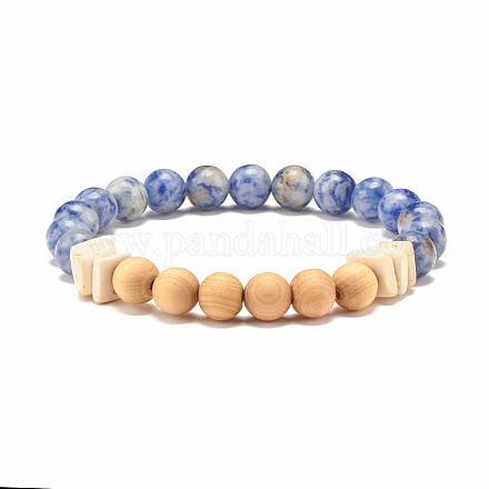 Natural Blue Spot Jasper & Wood Beaded Stretch Bracelet BJEW-JB07806-1