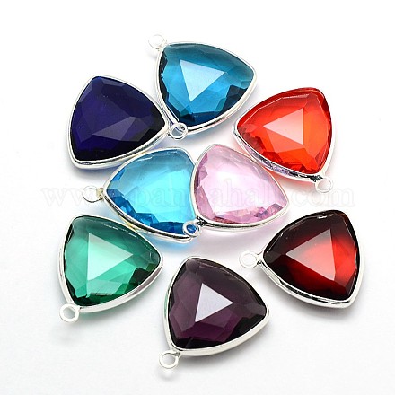 Silver Color Plated Brass Glass Triangle Pendants GLAA-J012-S-1