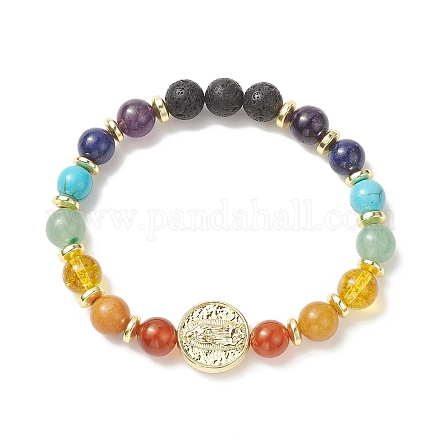 Dyed Natural & Synthetic Mixed Gemstone & Brass Virgin Mary Beaded Stretch Bracelet BJEW-JB09321-1
