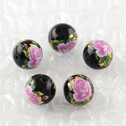 Perles rondes imprimées de motif de fleur rose en verre GFB-R004-10mm-V01-1