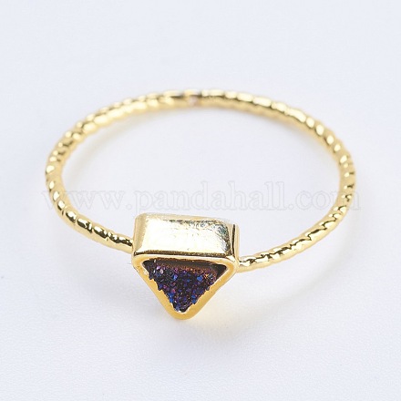 天然石ドゥルージー瑪瑙指輪  真鍮パーツ  三角形  ゴールドカラー  虹メッキ  usサイズ4 1/4(15mm) RJEW-E147-D-02G-1