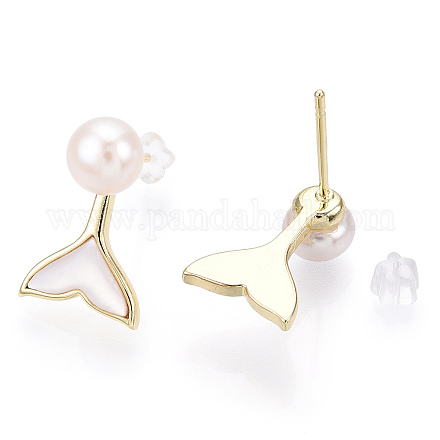 Whale Tail Natural White Shell & Pearl Stud Earrings PEAR-N020-06O-1
