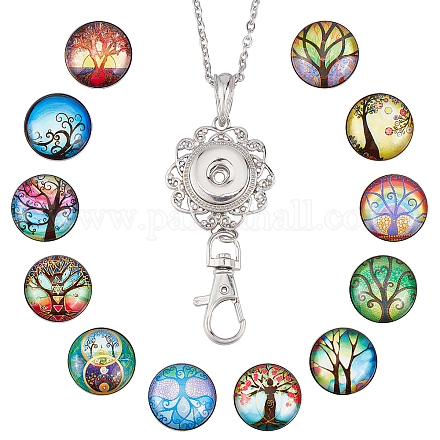 SUNNYCLUE 1 Box 12 Styles Snap Button Lanyard Silver Tree of Life Fancy ID Badge Lanyards Cute Breakaway 304 Stainless Steel Necklace Chain Extra Long Jewelry Lanyards for Holder Women Teacher Nurses DIY-SC0022-04C-1