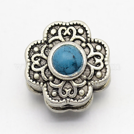 Antique Silver Vintage Brass Pave Turquoise Flower Beads KK-F0290-01-1