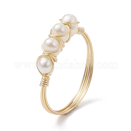 Copper Wire Wrapped Natural Cultured Freshwater Pearl Open Ring RJEW-JR00635-1