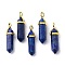 Natural Lapis Lazuli Pointed Pendants, with Random Brass Pendant Hexagon Bead Cap Bails, Golden, Dyed, Bullet, 38.5~40x12~12.5x10~11mm, Hole: 3x4.5mm