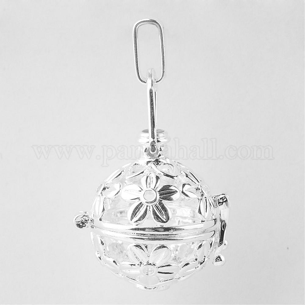 ラックメッキ真鍮製ケージペンダント チャイムボールのペンダントネックレスの作成 花と中空丸 銀色のメッキ 24x25x21.5mm 穴：3x6mm インナー対策：17mmの通販