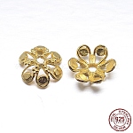 Real 18K Gold Plated 6-Petal 925 Sterling Silver Bead Caps, Flower, Golden, 12x5mm, Hole: 2mm, about 24pcs/20g