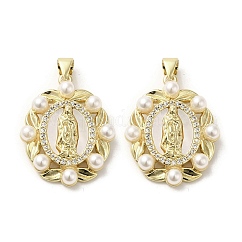 Pendenti con conchiglia in ottone, Ciondoli religiosi della Vergine Maria con perla imitazione ABS, vero placcato oro 18k, ovale, 25.5x20.5x4.5mm, Foro: 3.5x4 mm