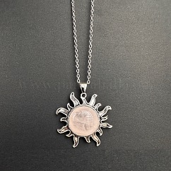 Colliers vintage avec pendentif soleil en quartz rose naturel et chaîne en alliage, platine, 19.69 pouce (50 cm)