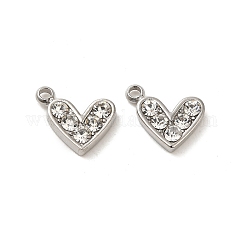 Colgantes de acero inoxidable 304, pulido brillante con rhinestone, charms del corazón, cristal, 9x10x2mm, agujero: 1.4 mm
