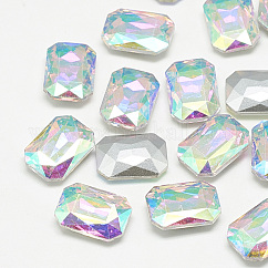 Cabochons en verre avec strass de dos avec point, facette, rectangle octogone, cristal ab, 6x4x2mm