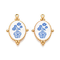 Ciondoli in acciaio inox smaltato 304, ovale con ciondoli a motivo floreale, placcatura ionica (ip), vero placcato oro 18k, cielo blu profondo, 32x20mm