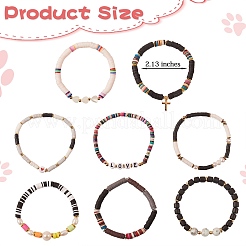 8 Stück 8 Stil Fimo Heishi & natürliche Perle & natürliche Muschelperlen Stretch-Armbänder Set für Mädchen Frauen&nbsp;BJEW-SZ0001-82