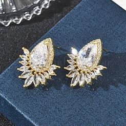 Pendientes de botón de latón y circonita cúbica transparente en forma de lágrima con detalles en forma de marquesa para mujer&nbsp;KK-CBA36A2-12G