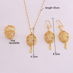 Collane pendenti in ottone con motivo floreale ovale e orecchini a cerchio e set di anelli&nbsp;FS-WGD44EB-01