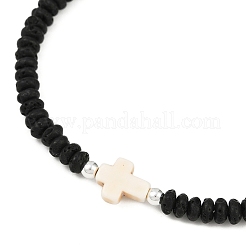 Braccialetti elastici da uomo con rondelle di pietra lavica naturale e perline crociate in turchese sintetico&nbsp;BJEW-JB12054-02
