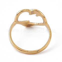 Anillo ajustable con forma de corazón y abrazo de mano de acero inoxidable con revestimiento de iones (IP) 201 para mujer&nbsp;RJEW-K238-05G