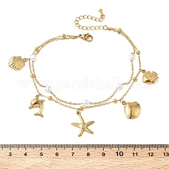 Sommerliche Strand-Fußkettchen aus Edelstahl 304 und Kunststoff mit Perlenanhänger&nbsp;AJEW-K054-04B-G