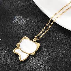 Colliers avec pendentif en forme de chat mignon en acier inoxydable 304 pavé de coquillages blancs naturels pour femmes&nbsp;NJEW-F339-01G