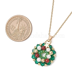 Natürlicher Karneol & Doppelkegelglas & Muschelkernperlen & Saatperlen Weihnachtskranz-Anhänger 304 Edelstahl-Kabelkette Halsketten für Frauen&nbsp;NJEW-MZ00122