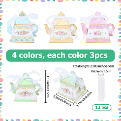 12 Stück 4 Farben Blumen bedruckte 3D-Teekannen-förmige Papier-Süßigkeiten-Geschenkboxen mit Band&nbsp;DIY-SP0006-39