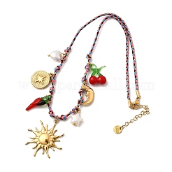 Colliers en coton avec pendentif en forme de cerise et piment fort en acier inoxydable 304 et plastique pour femmes&nbsp;NJEW-Z092-01G-02