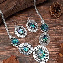 Halskette mit ovalem Anhänger aus Legierung und Paua-Muschel und Ohrhänger-Set&nbsp;FS-WG1A0FD-01