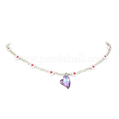 Bracelet extensible en perles de coeur en acrylique et en verre et collier pendentif&nbsp;SJEW-JS01282