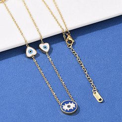 304 Edelstahl blau & weiß Emaille bösen Blick Link Kette lange Halsketten&nbsp;NJEW-V001-02G