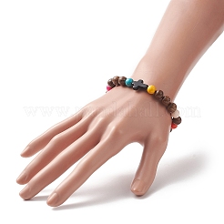 Braccialetto elasticizzato con perline rotonde in legno e croce turchese sintetica tinta per donna&nbsp;BJEW-JB09276