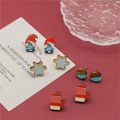 4 par de aretes de madera con estampado de copos de nieve&nbsp;EJEW-OY001-04