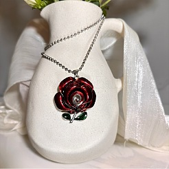 Vintage-Halskette mit Anhänger in Form einer roten Rose aus Emaille im gotischen Stil für Damen&nbsp;GR0561