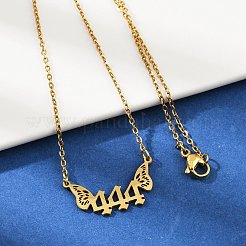 Collar con colgante de alas de mariposa y número 444 de acero inoxidable 201&nbsp;LS-NJEW-P332-01B-G