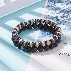 2 pièces 2 style pierre de lave naturelle et agate ensemble de bracelets extensibles perlés ronds&nbsp;BJEW-JB08318