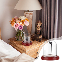 Pantalla de vidrio transparente con soporte de exhibición de reloj con base de madera&nbsp;ODIS-WH0038-138