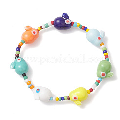 Bracelets extensibles en porcelaine et perles de verre en forme de lapin pour femmes&nbsp;BJEW-TA00705