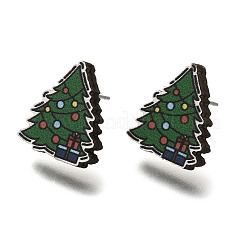 Orecchini a bottone in legno stampato natalizio per donna&nbsp;EJEW-U025-01I