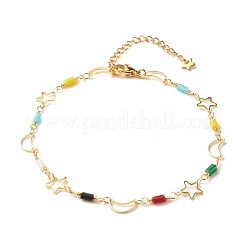 Cavigliera in ottone con catena a maglie a stella e luna con perle di vetro da donna&nbsp;AJEW-AN00478