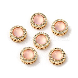 Ottone micro spianare zirconi collegamenti multi-strand, con resina imitazione opale rosa, rotondo e piatto, vero placcato oro 18k, perla rosa, 10x5.5mm, Foro: 1.2 mm