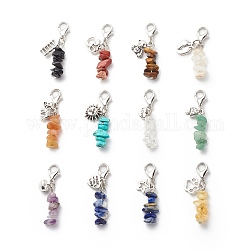 Gemstone Chips Beaded Pendant Decorations, Lobster Clasp Charms, with Tibetan Style Alloy Charms and Iron Findings, Star & Bear & Heart, Elephant, Footprint, 42mm, 12pcs/set