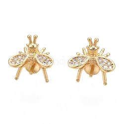 Brass Micro Pave Cubic Zirconia Stud Earring Findings, with 925 Sterling Silver Pins, for Half Drilled Bead, Nickel Free, Mosquito Shape, Real 18K Gold Plated, Clear, 11x11mm, Pin: 0.8mm, Pin: 0.8mm(for half drilled beads)
