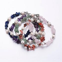 Bracelets en pierre mixtes, avec perles d'eau douce de perles, entretoises en alliage de fleurs de style tibétain et perles de sertissage en laiton, 190 mm (7-1/2 pouces)