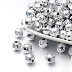 Facettes plaqué perles rondes acryliques, Plaqué Argent, 10mm, Trou: 1.5mm, environ 800 pcs / livre